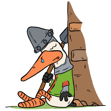 Entspannender Ritter mit Helm, der an einen Baum lehnt, traurig mit einer Träne.