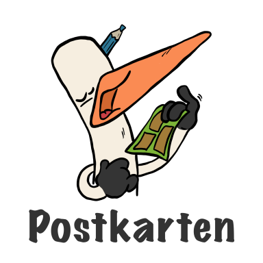 Ein cartoonartiger Storch mit Stift, hält eine Postkarte und lächelt.