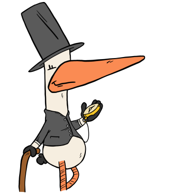 Eine Ente in einem Zylinder und Anzug hält eine Taschenuhr und einen Gehstock.