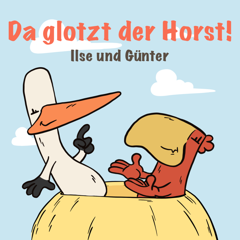 Storch und roter Vogel in einem Nest, mit fröhlichem Himmel im Hintergrund.