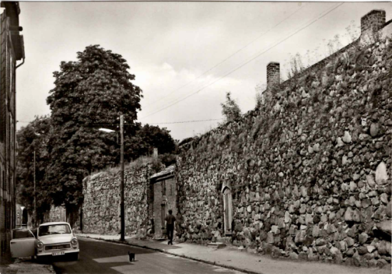 Alt-Text: Eine historische Straße mit einer hohen Steinmauer und einem großen Baum.