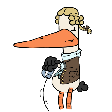 Ein komischer Vogel mit einem langen orangefarbenen Schnabel und einer Frisur trägt eine Jacke.