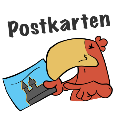 Rotter Adler hält eine Postkarte mit einer Burgen-Illustration in den Händen.