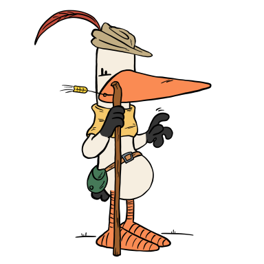 Eine cartoonhafte Ente mit Hut und Wanderstock, in abenteuerlicher Pose.