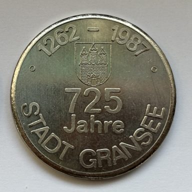 Silberne Medaille zum 725. Jubiläum der Stadt Gransee, mit Jahr 1262-1987.